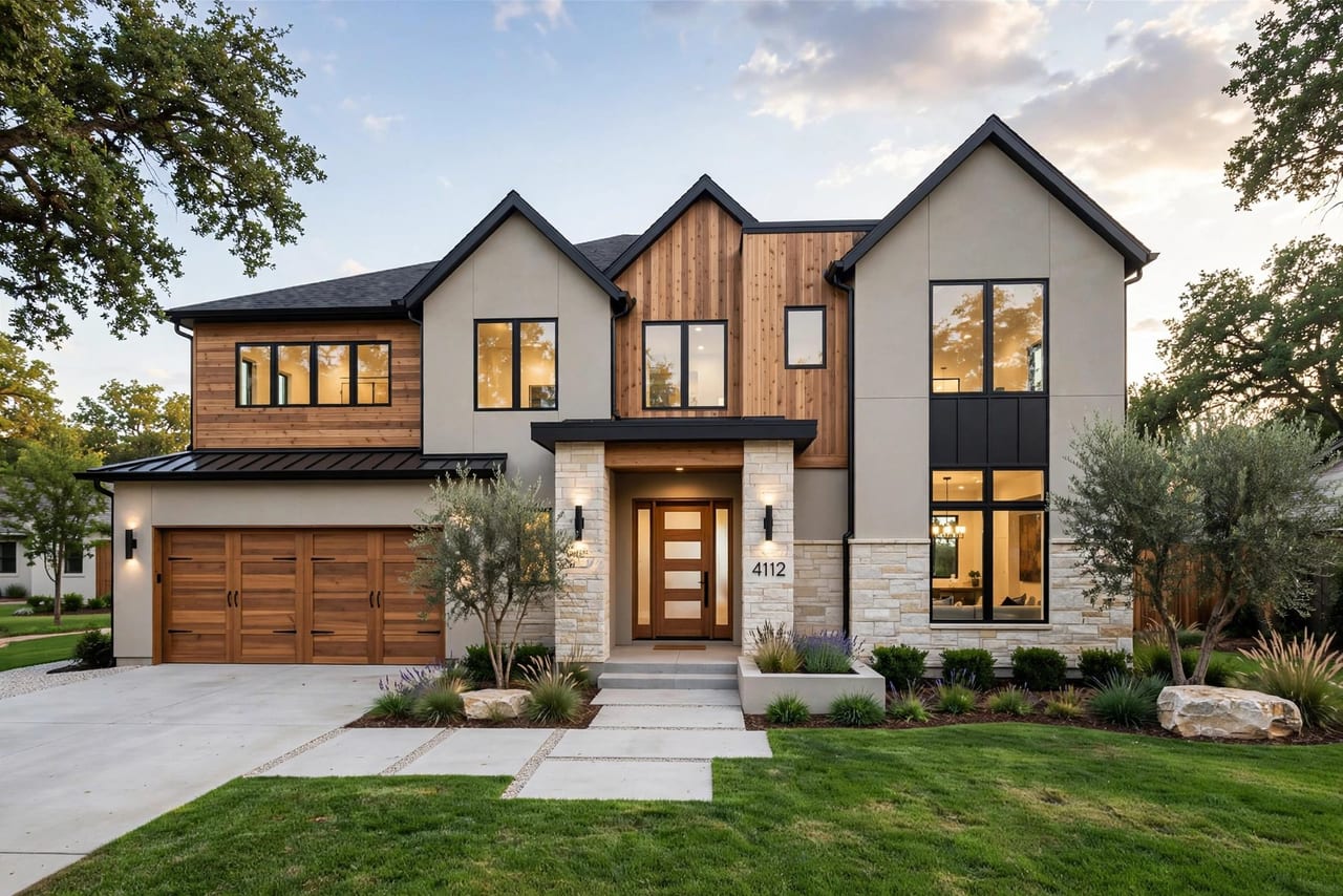 Custom home exterior at dusk