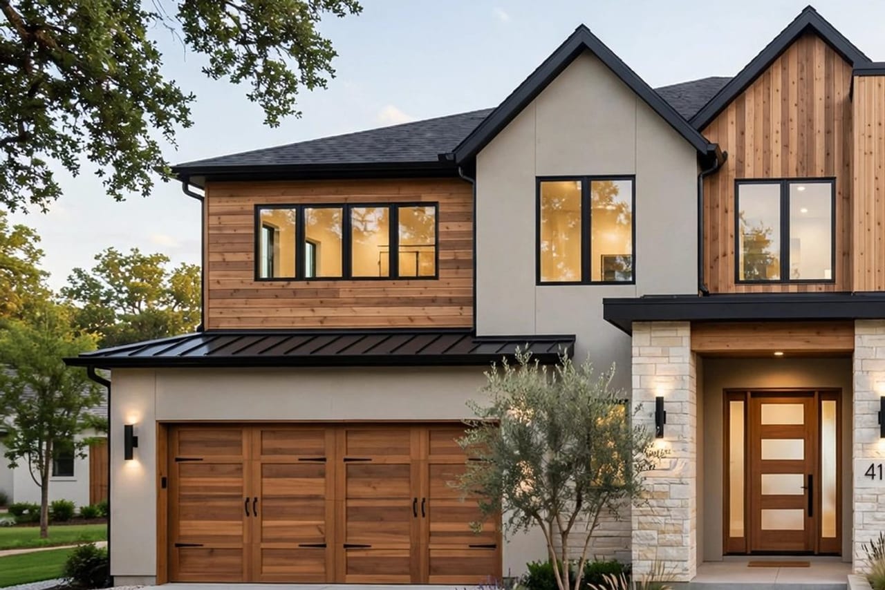 Modern home with cedar and stone detailing