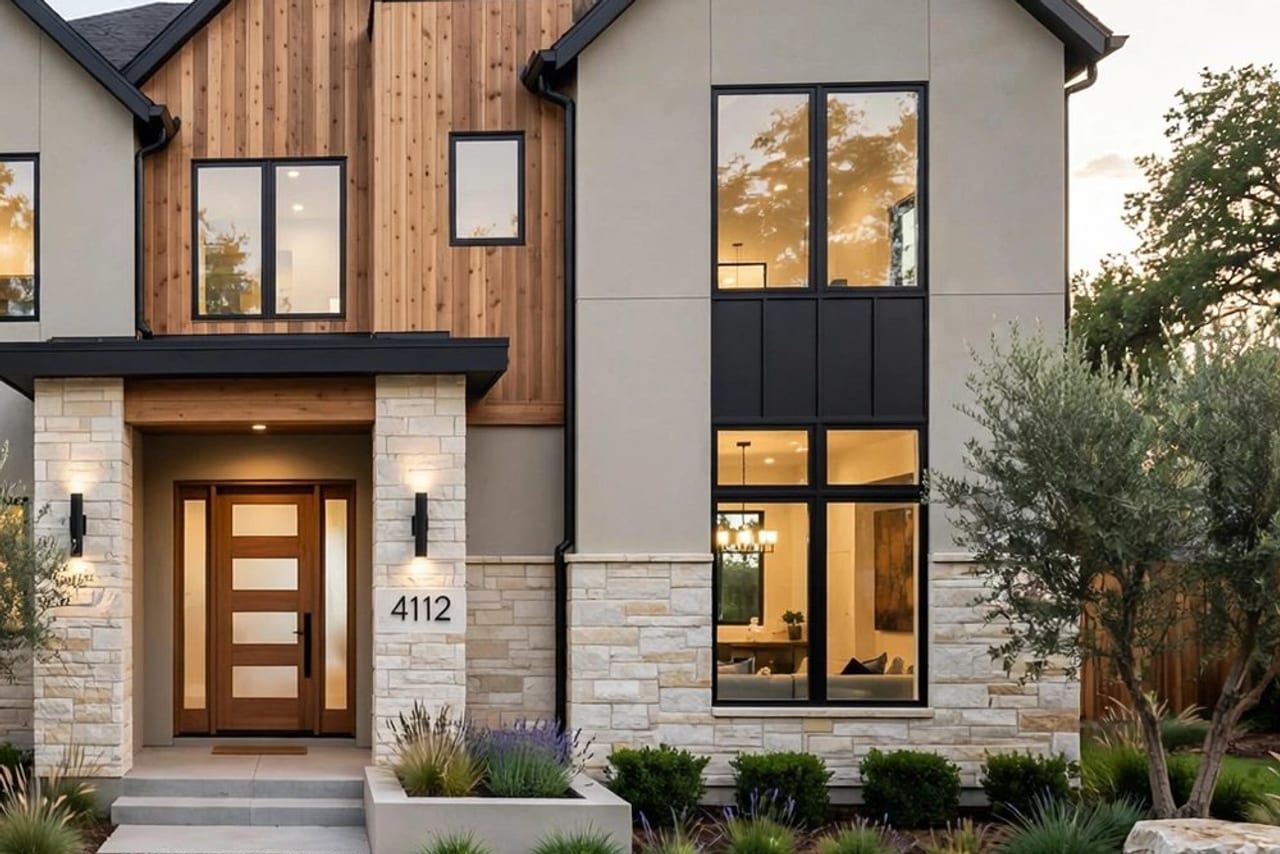 Stone entry and custom wood door